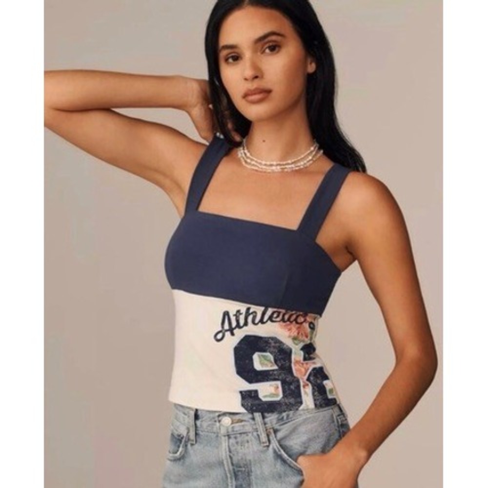 Anthropologie Navy Cream Colorblock Athletic 92 Floral Tank Top XXS NEW